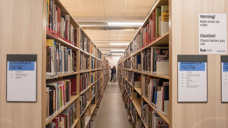 Two rows of book shelves and two people at one of the shelves in the background.